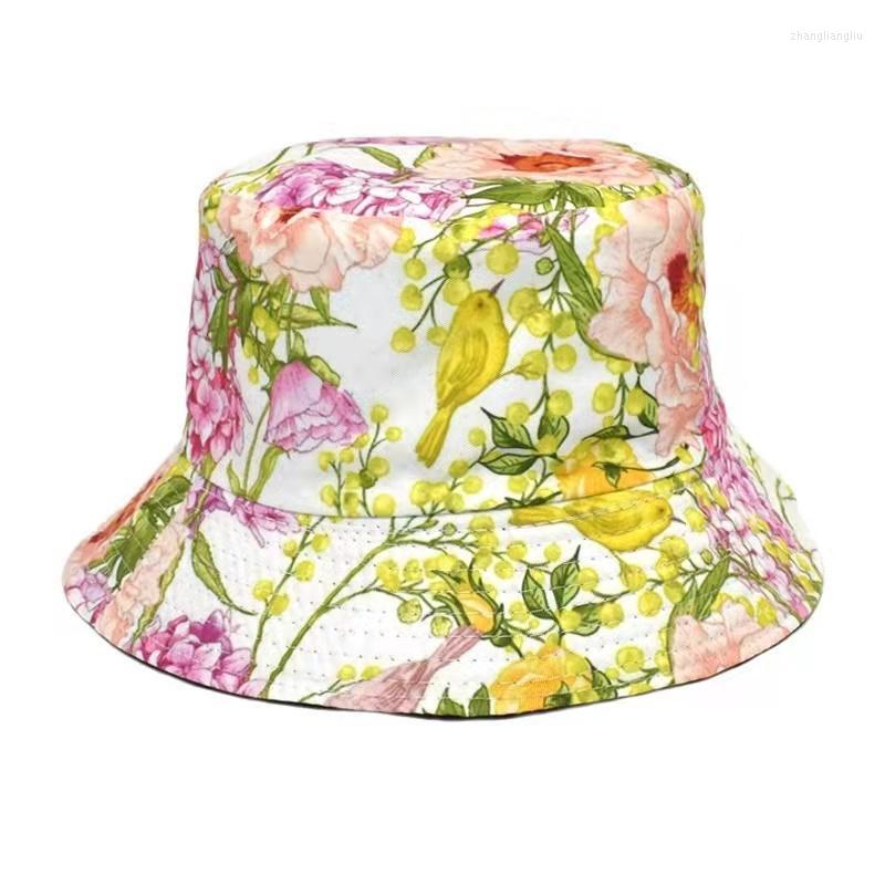 

Berets Summer Flowers Print Bucket Hat Women Fashion Cotton Beach Sun Hats Reversible Bob Chapeau Femme Floral Panama Fisherman HatBerets, 04