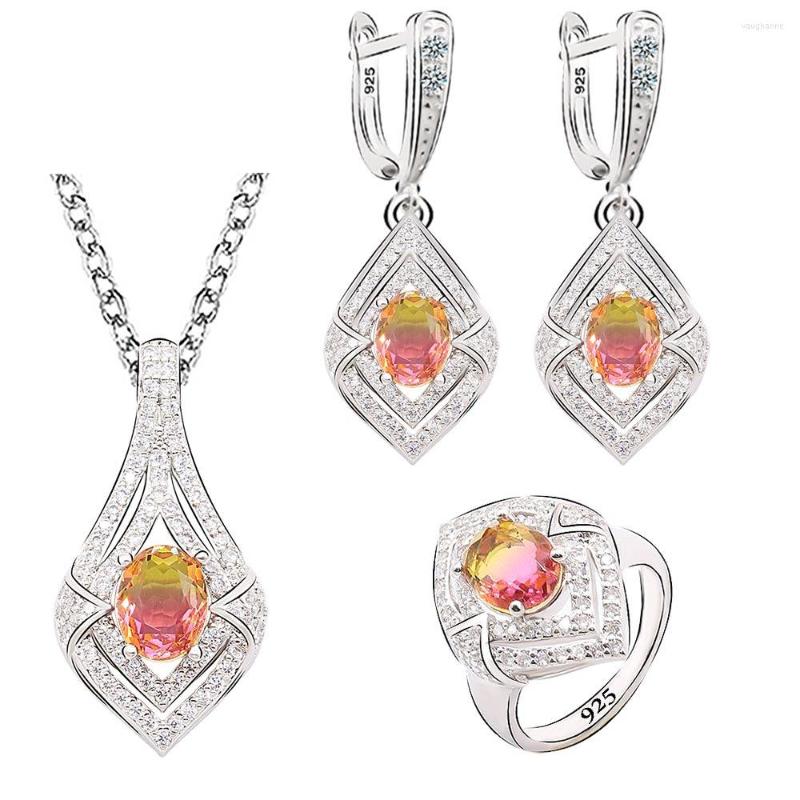

Necklace Earrings Set Gradient Red Semi-precious Silver Color For Women Gift Pendant Ring, Picture shown