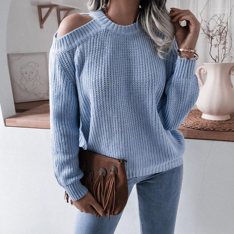 

Women's Sweaters Women's Winter Pullovers Sweater Casual Cold Shoulder O-neck Long Sleeve Loose Chunky Knitted Tops Ladies Solid Color, Blue