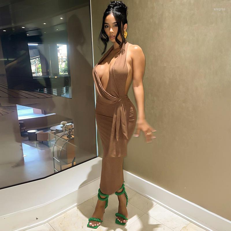 

Casual Dresses Tie Up Open Back Halter Mini Dress Sexy Club Outfits 2022 Summer Clothes Women Holiday Beach Wear Long Skirt, Brown