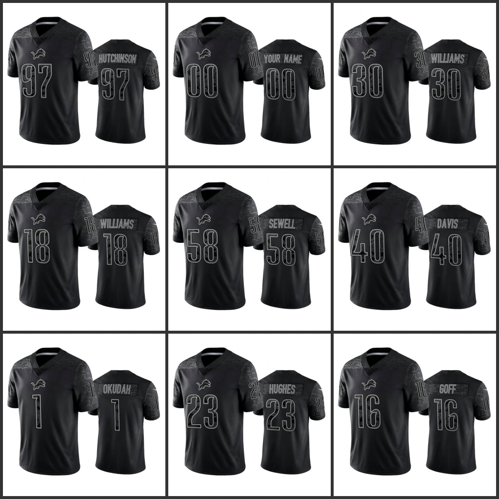 

Jerseys Detroit''Lions''Men #88 T.J. Hockenson 1 Jeff Okudah 30 Jamaal Williams 16 Jared Goff Custom Women Youth''NFL Black Reflective Limited Jersey