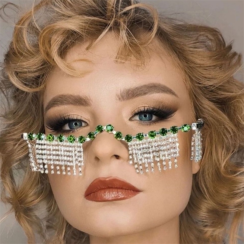 

Other Stonefans Bohemian Tassel Glasses Frame for Women Vintage Crystal Eyeglasses Glasses Lensless Half Frame Face Jewelry 221008