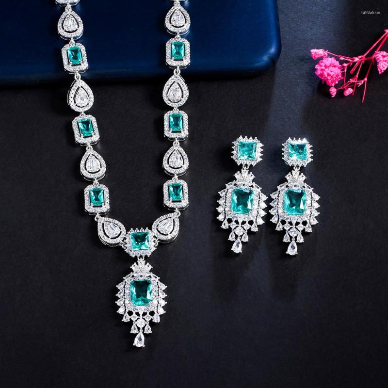 

Necklace Earrings Set BeaQueen Luxury Geometric Shape Light Green White CZ Wedding Fine Jewelry Costume For Women Party JS317, Picture shown
