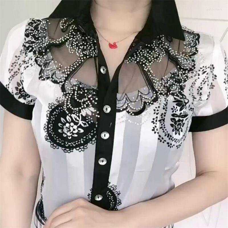 

Women's Blouses White Women's Mesh Lace Chiffon Shirt Lapel Short Sleeve Floral Professional Ladies Business Blusa Buttons Casual, Black short sleeve