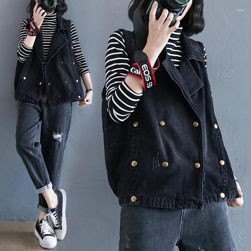 

Women's Vests 2022 Spring Fall Loose Denim Vest Female Big Lapel Short Sleeveless Jacket Black Waistcoat Jeans Jaqueta Tops Zh56