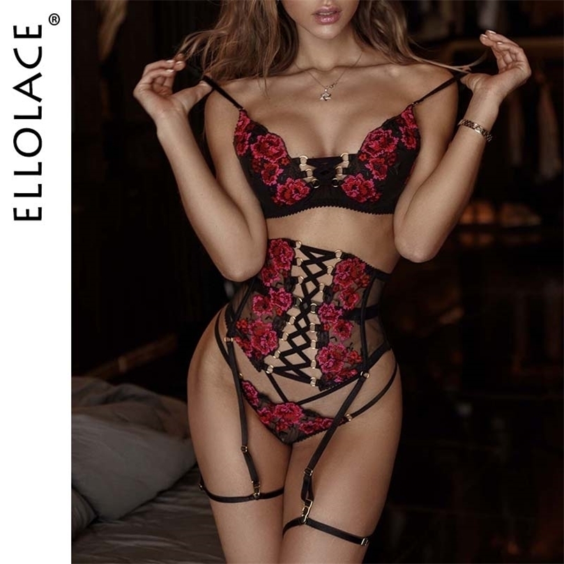 

Sexy Set Ellolace Sensual Lingerie Sexy Embroidery Bandage Breves Sets Garters Briefs Luxury 3Piece Whuta Erotic Delicate Underwear 221010, Red