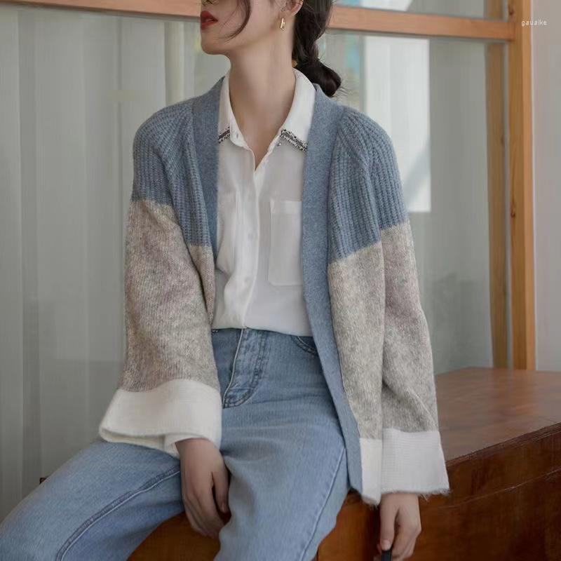 

Women' Knits In Spring And Autumn Wear Loose Retro Lazy Large Sweater Jacket Splicing Style Knitted Long Sleeve Cardigan, Blue