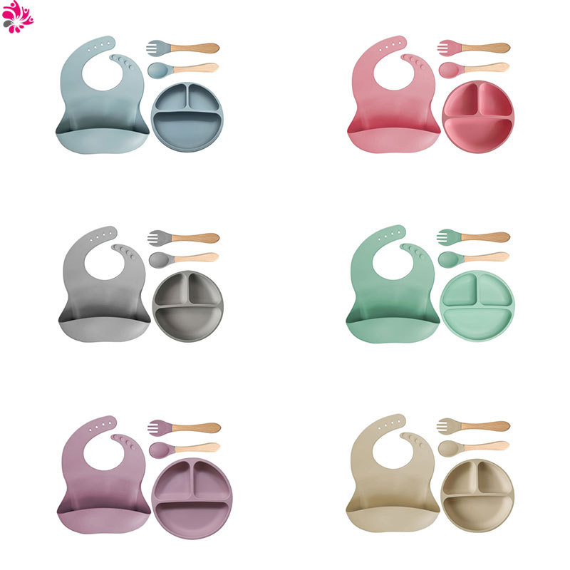 

Bib Feeding tableware set grade spoon bib silicone plate set for baby
