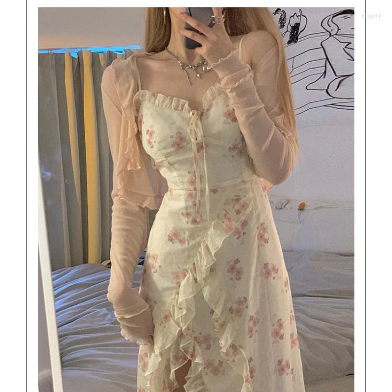 

Casual Dresses Floral Strap Dress 2022 Summer Ruffled Atmosphere Split Dressy 2K Sexy, Pink cardigan