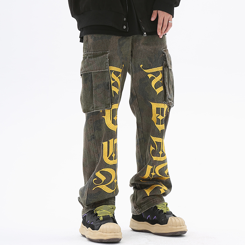

Letter Embroidery Side Pockets Camouflage Jeans Cargo Pants for Men Straight Spliced Streetwear Baggy Casual Denim Trousers