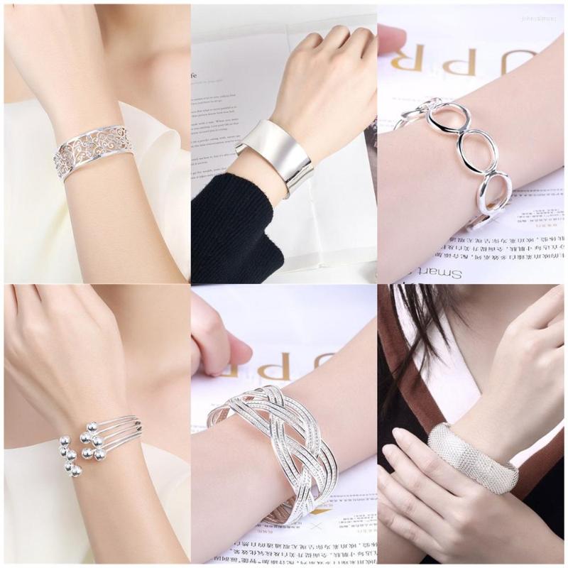 

Bangle Silver 925 Bangles For Women Wide Geometric Charm Bracelets & Pulseras Mujer European Style Jewelry Accessories Bijoux