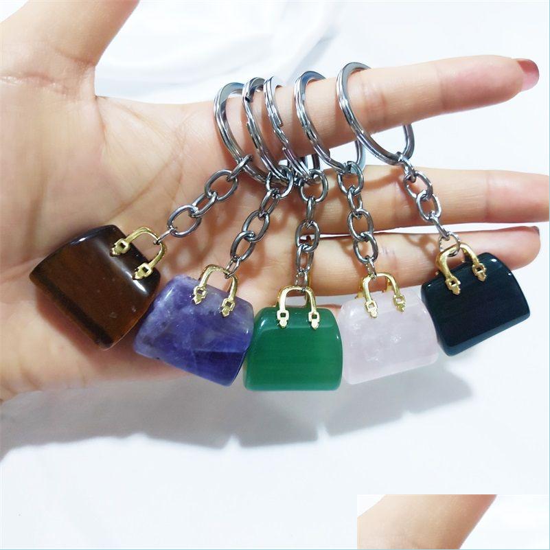 

Keychains Lanyards Women Bag Shaped Charms Keychains Natural Healing Crystal Amethyst Rose Quartz Gemstone Pendant Key Rings Gift Wh Dhjbz