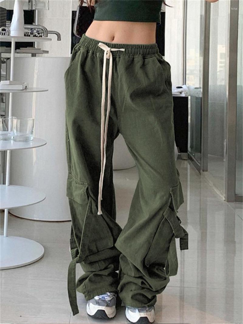 

Women' Pants Cargo Women Loose Drawstring Elastic Straight-leg Trousers E-girl Harajuku Streetwear Y2k Clothes Pantalones De Mujer, Army green