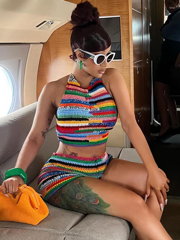 

Women' Tracksuits Sifreyr Colorful Print Sexy 2 Piece Set Women Beach Vacation Outfits Halter Backless Lace Up Crop Top And Shorts Matching, Multicolor