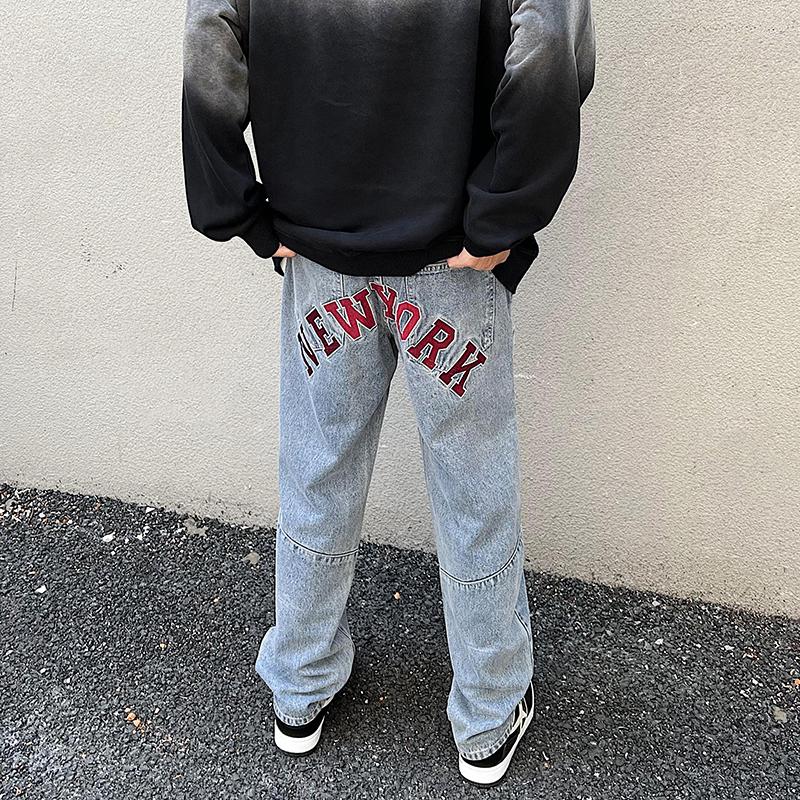 

Men' Jeans 2022 Autumn Ins High Street Straight Leg Jean Letter Embroidered Fashion Washed Blue Pants For Men, Retro blue