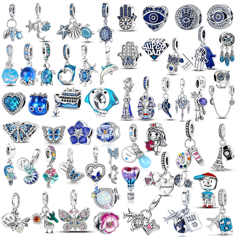 

925 Sterling Silver Dangle Charm Women Beads High Quality Jewelry Gift Wholesale Plata De Ley Evil Eye Owl Blue Turtle Dolphin Butterfly Flower Bead Fit Pandora DIY