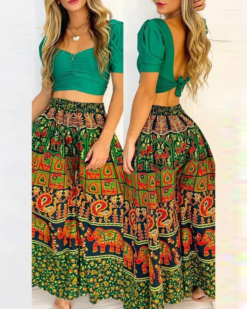 

Women' Two Piece Pants Women Casual Daily Clothing Suit Puff Sleeve Ruched Crop Top & Tribal Print Wide Leg Set, Green
