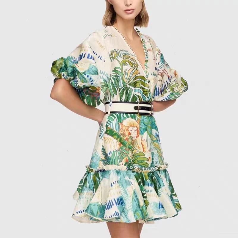 

Spring Summer Mexican Holiday Style Dress Fresh And Cool Temperament V-neck Puff, Green