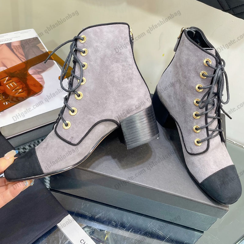 

F/W Sheepskin Womens Lace Up Ankle Boots Classic Chain Quilted Texture Retro Zipper Chunky Low Heels Fashion 22Ss Winter Snow Boot Desigenr Chelsea Western Rainboots