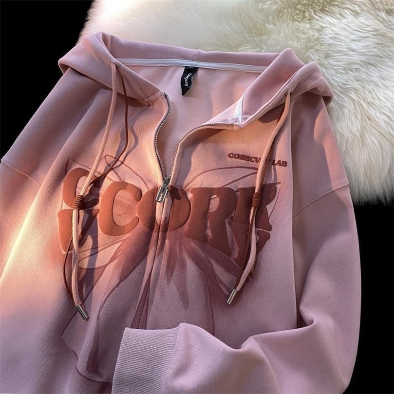 

Womens Hoodies Sweatshirts European and American early autumn thin section sweet cool wind bow hooded sweater female loose couple cardigan jacket zipper 221010, Pink