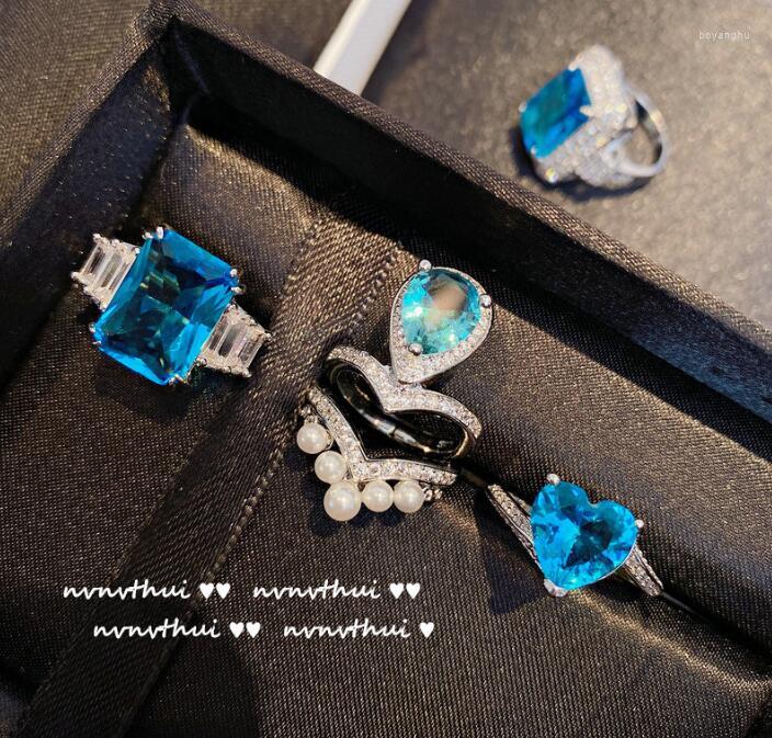 

Wedding Rings Vintage Oil Painting Blue Square Ring Bright Color Water Drop Crown Set Adjustable