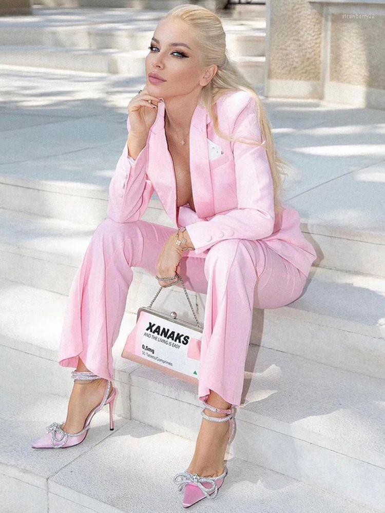 

Women' Two Piece Pants Est Pink 2022 Runway Designer Suit Set Double Breasted Blazer Flare Office Party Clothing