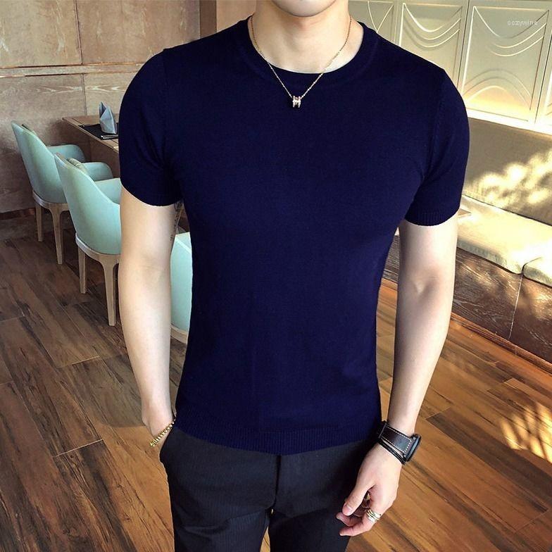 

Men's T Shirts Autumn 2022 Fashion Men Short Sleeve Round Collar Slim Fit T-shirt Male Solid Color Tees Tops Casual Knitted Sweater B75, Blue