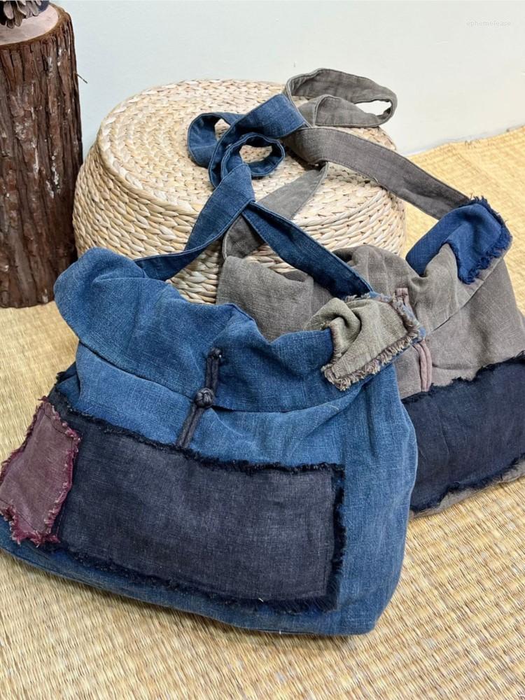 

Shopping Bags Women Vintage Linen Patchwork Bag Ladies Spliced Female, Blue