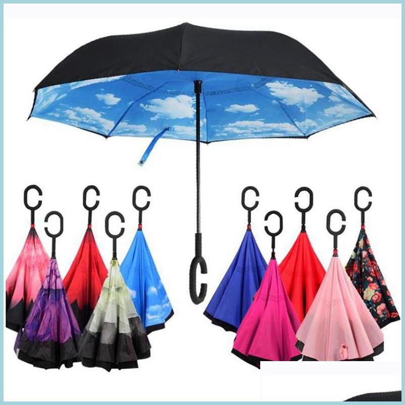 

Umbrellas C-Hand Reverse Umbrellas Windproof Double Layer Inverted Umbrella Inside Out Self Stand 40 Styles Eea1680 Drop Deliv Brhome Ot90H, As show