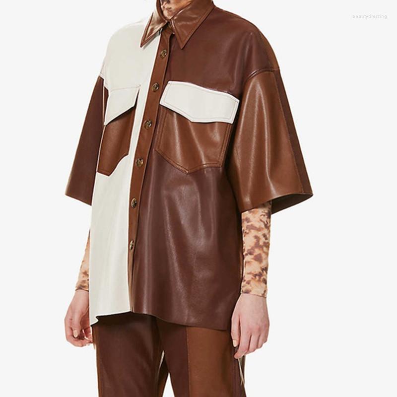 

Women' Leather Womens Faux Blouse Color Patchwork Short Sleeve Single Breasted Turn-down Collar Loose Top With Pockets