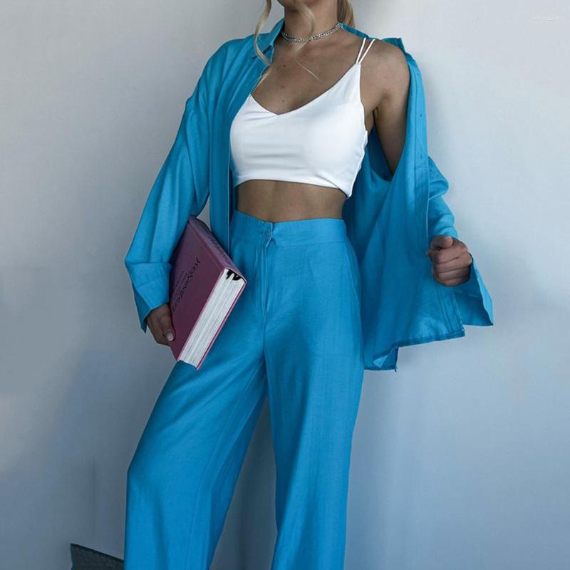 

Work Dresses Long Sleeve Shirt Leisure Suit Temperament Wide Leg Pants Two Piece Set Women' Wear Cotton Blends Outfits Clothing, Blue