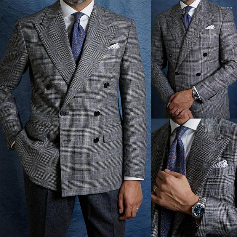 

Men's Suits Plaid Formal Woolen Man Suit Jacket Smart Casual Double Breasted Wram Party Evening Winter Thick Fashion, Pic