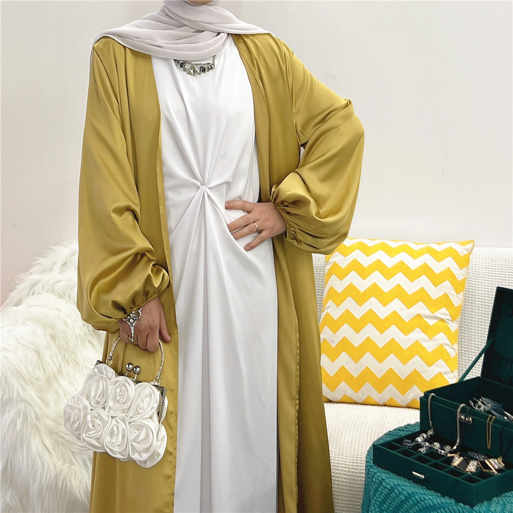 

Muslim Fashion Clothes Women Abaya Dubai Arab Puff Sleeves Lace-up Ramadan Dress Jilbab Hijab Robe Turkey Caftan Marocain Abayas, Beige inner dress