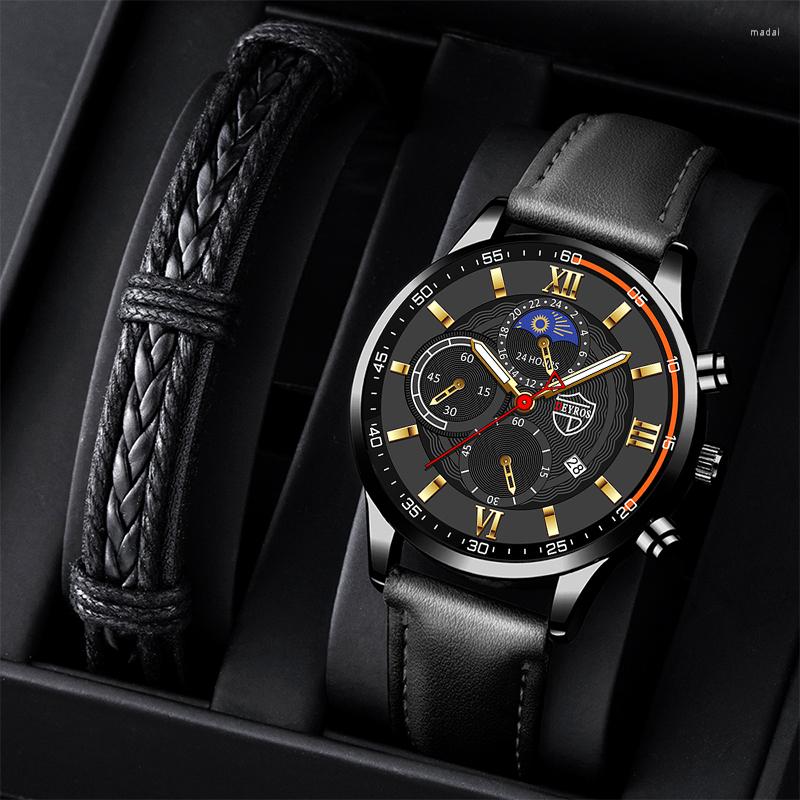 

Wristwatches Men Sport Watch Stainless Steel Quartz Wristwatch Man Business Casual Simple Leather Bracelet Male Luminous Clock Watches, As shown 1