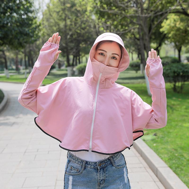 

Racing Jackets Women's Shawl Sun Protection Clothing Female Short Jacket UV Cloak Hooded Tops Solid Color Big Hat Anti-dust, Apple green