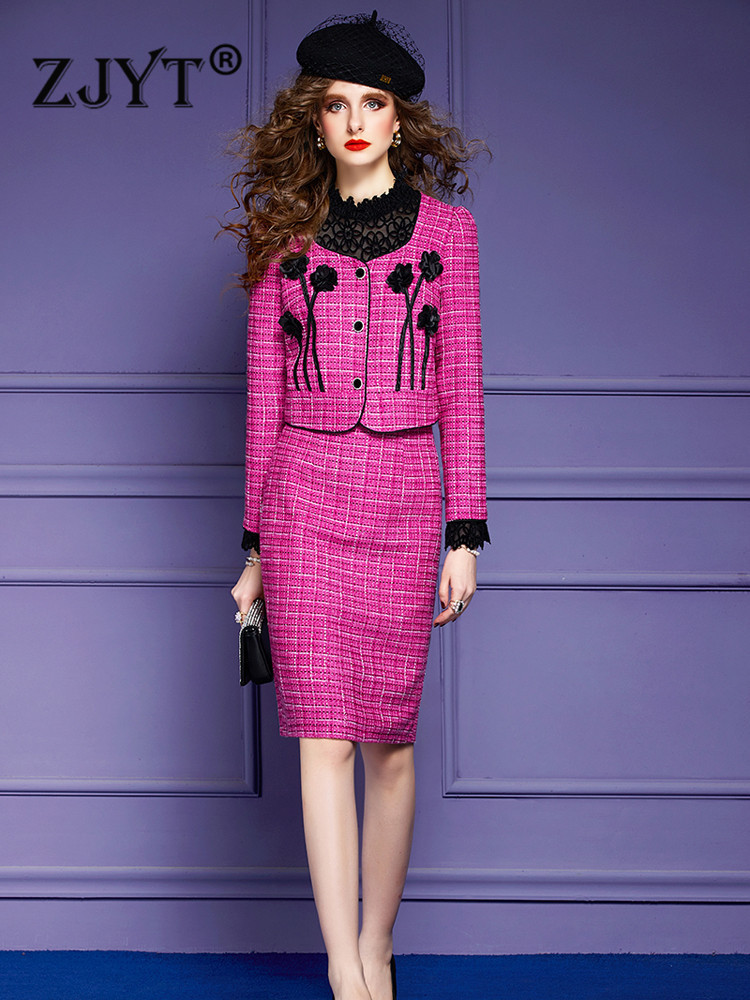 

Two Piece Dress ZJYT Fashion Designer Autumn Winter Sets for Women 2 Elegant Floral Tweed Jacket with Skirt Suit Party Outfit Luxury 221010, As pictures