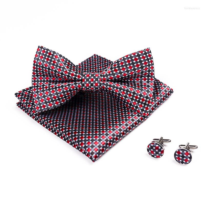

Bow Ties Novelty Men's Bowtie Handkerchief Burgundy Tie Pocket Square Cufflinks Set Dot Plaid Stripe Wine Red Wedding Vintage Necktie