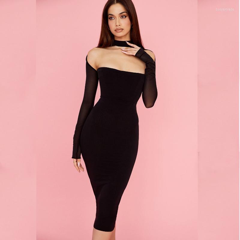 

Party Dresses Women Evening Sexy Hollow Out Mesh Midi Vestidos Celebrity Cocktail Robes Nigh Club Wear Prom GownParty, Black