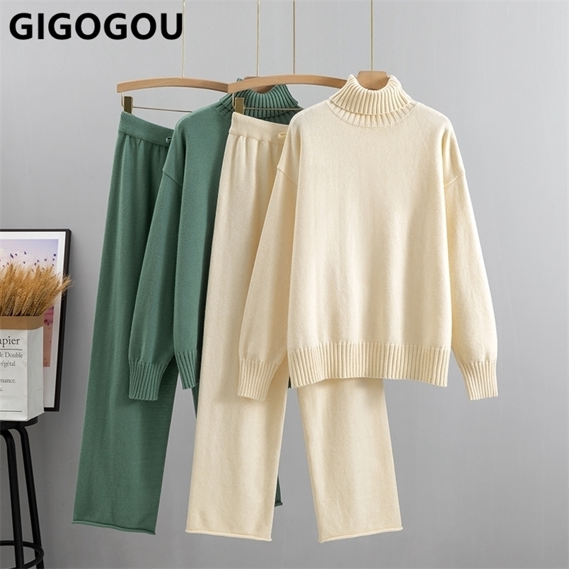 

Women's Two Piece Pants GIGOGOU Autumn Winter Women Turtleneck Sweater Suit Fashion Knit Loose Pant Set Soft Warm lady Oversized Tracksuit 221010, Khaki y883