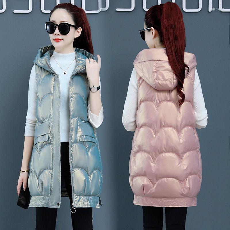 

Women's Vests Black Shinny Bubble Jacket Sleeveless Cotton Vest Women's Mid-Length Autumn And Winter Thickened Students Hooded Waistcoat