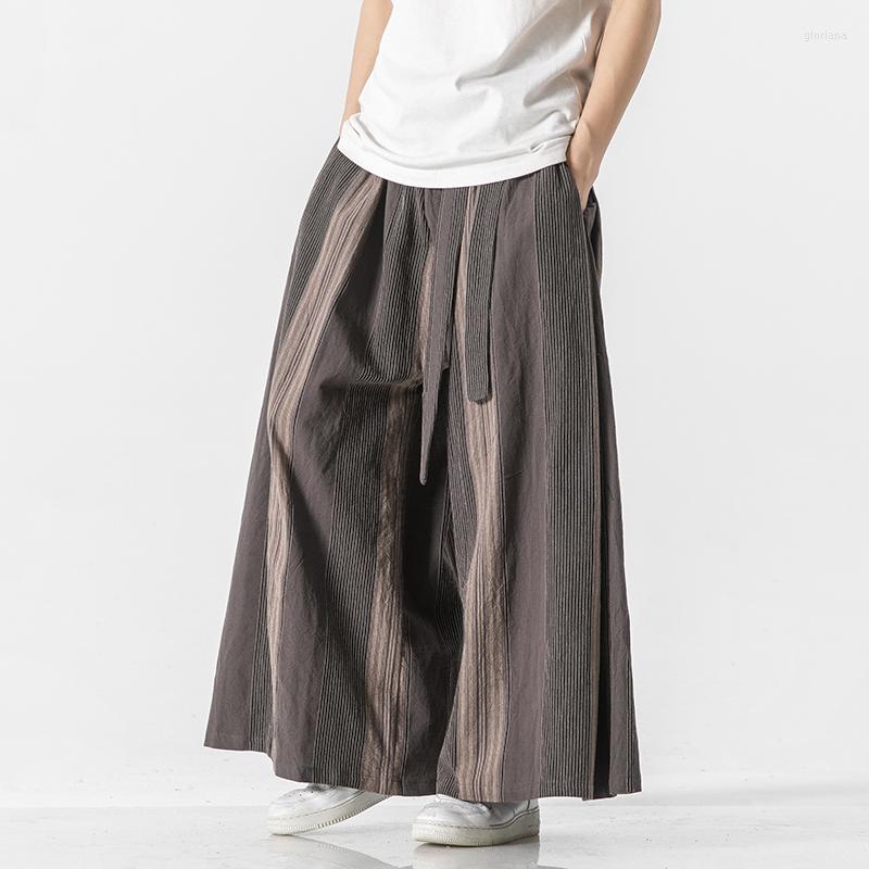 

Men's Pants 2022 Men Striped Linen Wide Leg Cotton Joggers Retro Trousers Chinese Style Skirt Male Crotch Nepal Robe, Gray
