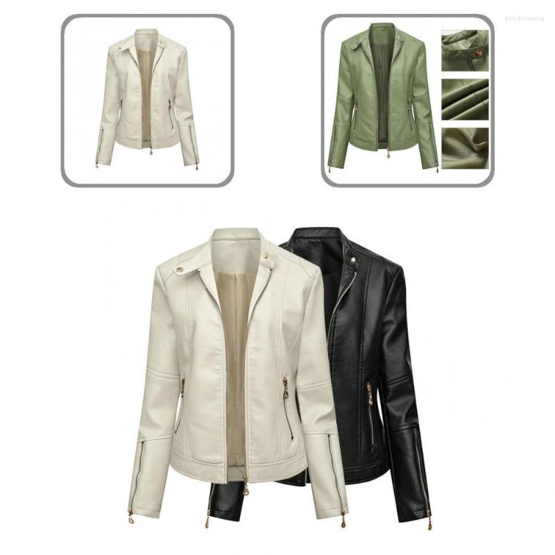 

Women' Leather Cardigan Smooth Slim Lady Coat For Motorcycle Riding Autumn Jacket, Green