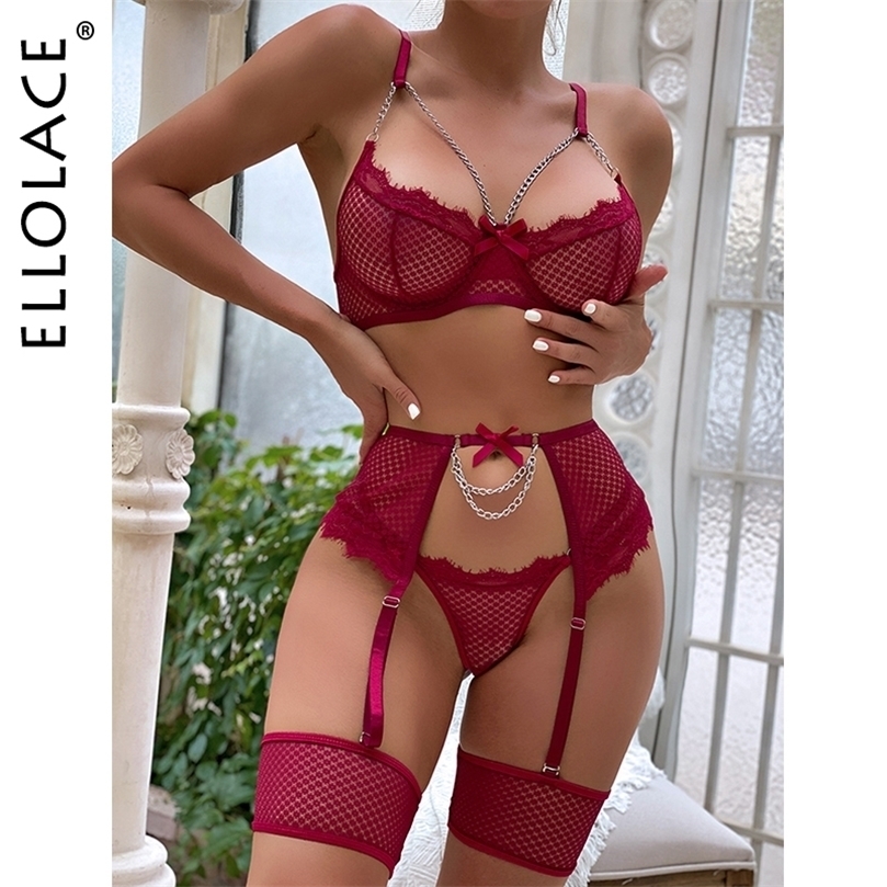 

Sexy Set Ellolace Sexy Glitter Lingerie 3Pieces Luxury Underwear Transparent Bra and Thongs Garter Belt With Stockings Fancy Outfit 221010, Red