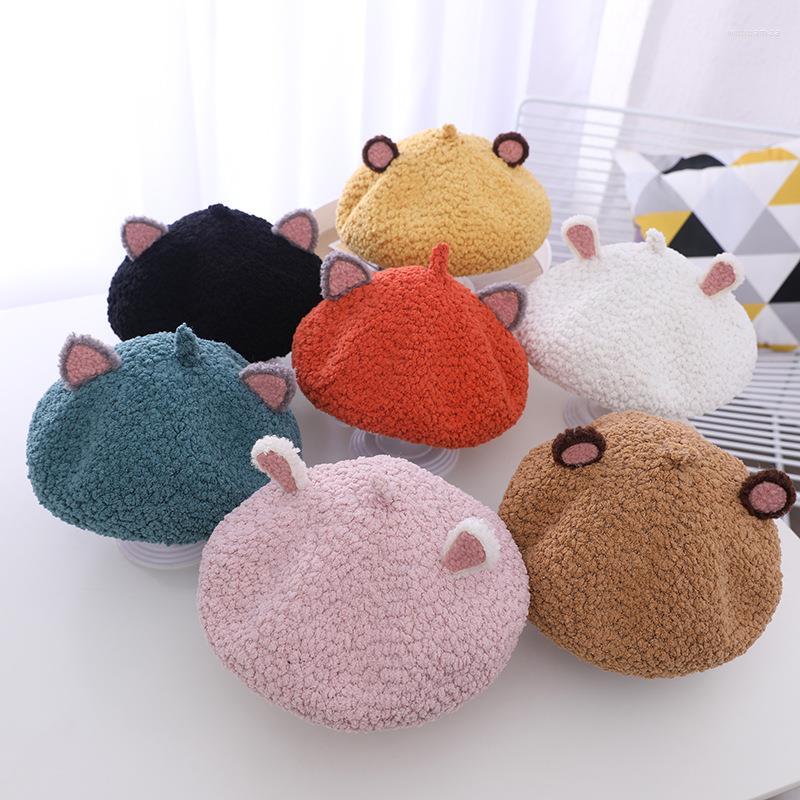 

Hats Kids Cartoon Animal Ears Girls Beret Autumn Faux Lamb Hair Bud Children Cosplay Winter Warm Berets, White