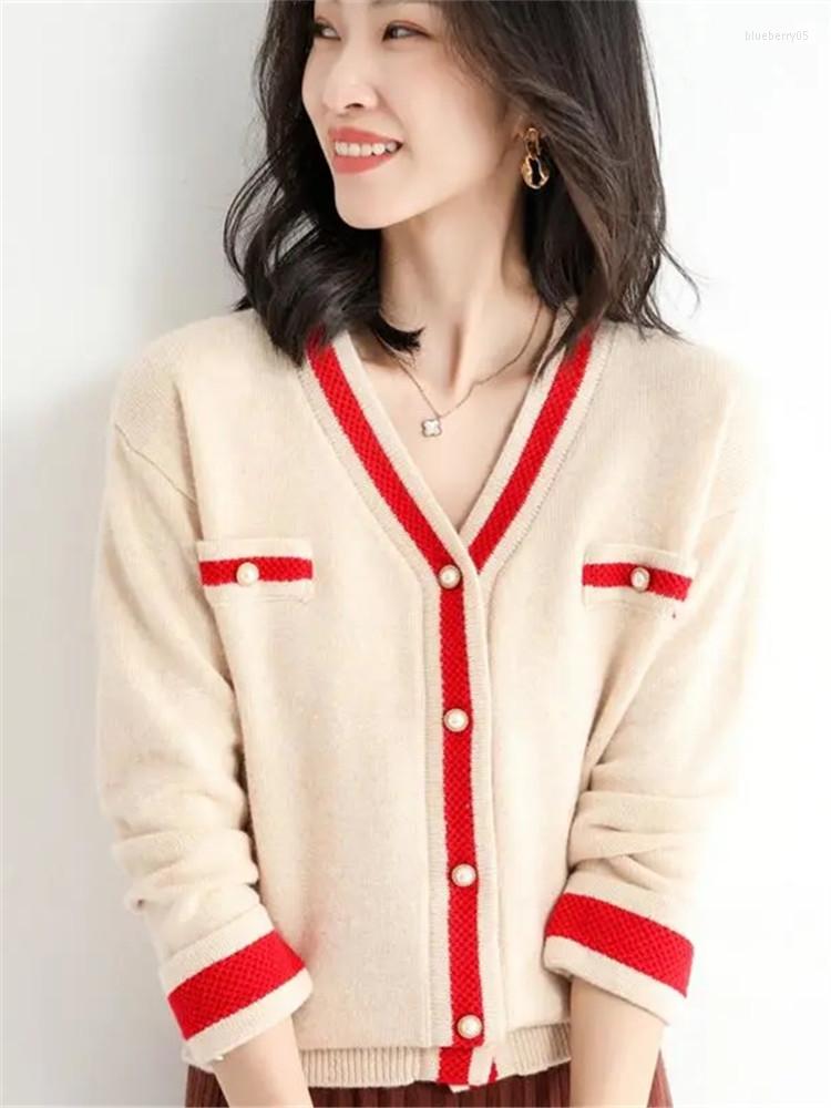 

Women' Sweaters Small Fragrance Knit Cardigan Women' V-Neck Stitching Long-Sleeved Buttoned Jacket Spring Autumn Fashion Trend, Beige