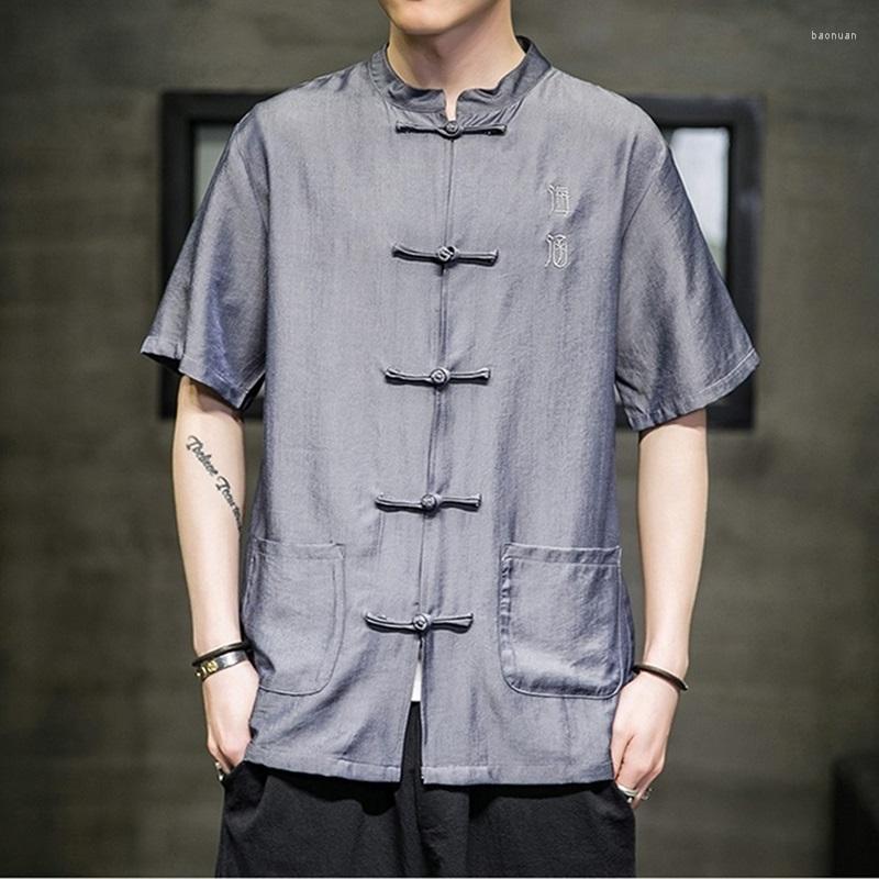 

Ethnic Clothing 2022 Chinese Style Men Shirt Button Stand Collar Short Sleeve Casual Loose Tops Ice Silk Vintage Tang Suit Shirts 30050