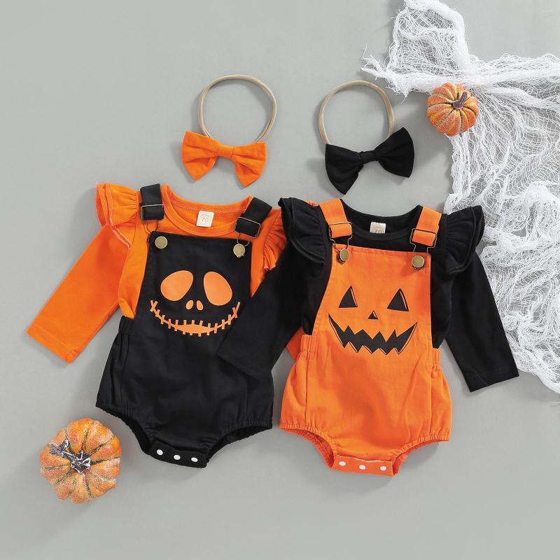 

Clothing Sets FOCUSNORM 0-18M Infant Baby Girls Boys Halloween Clothes 3pcs Long Sleeve Solid Tops Pumpkin/Ghost Print Suspender Romper, Black