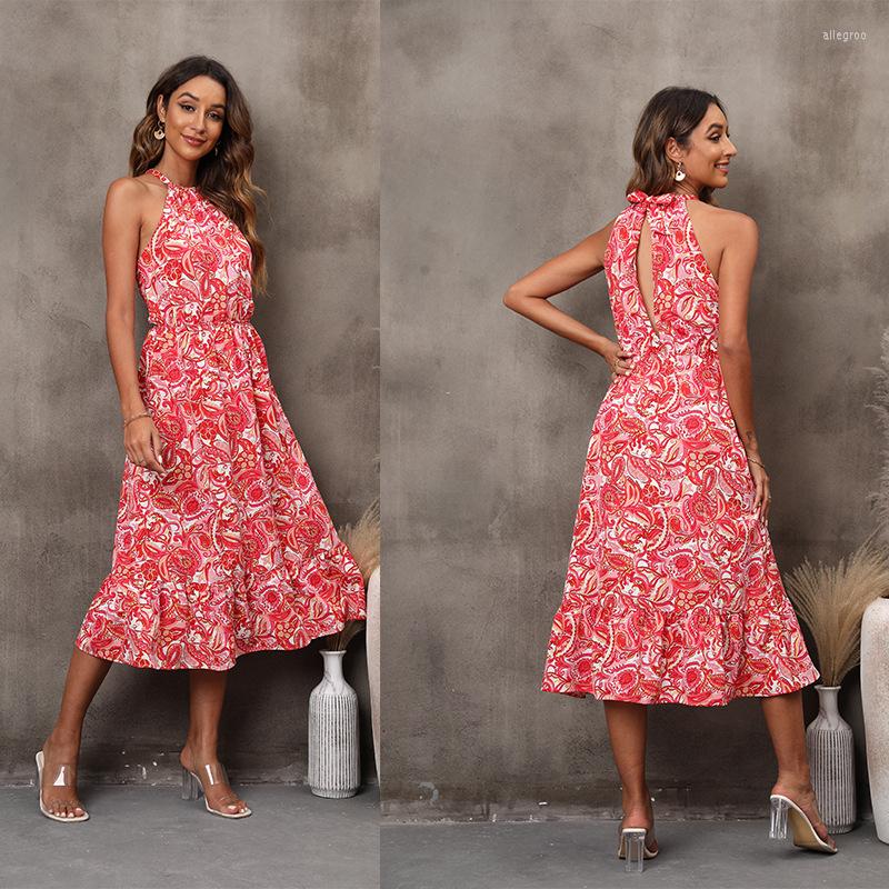 

Casual Dresses 2022 Summer Women' Halter Neck Floral Midi Dress, Red