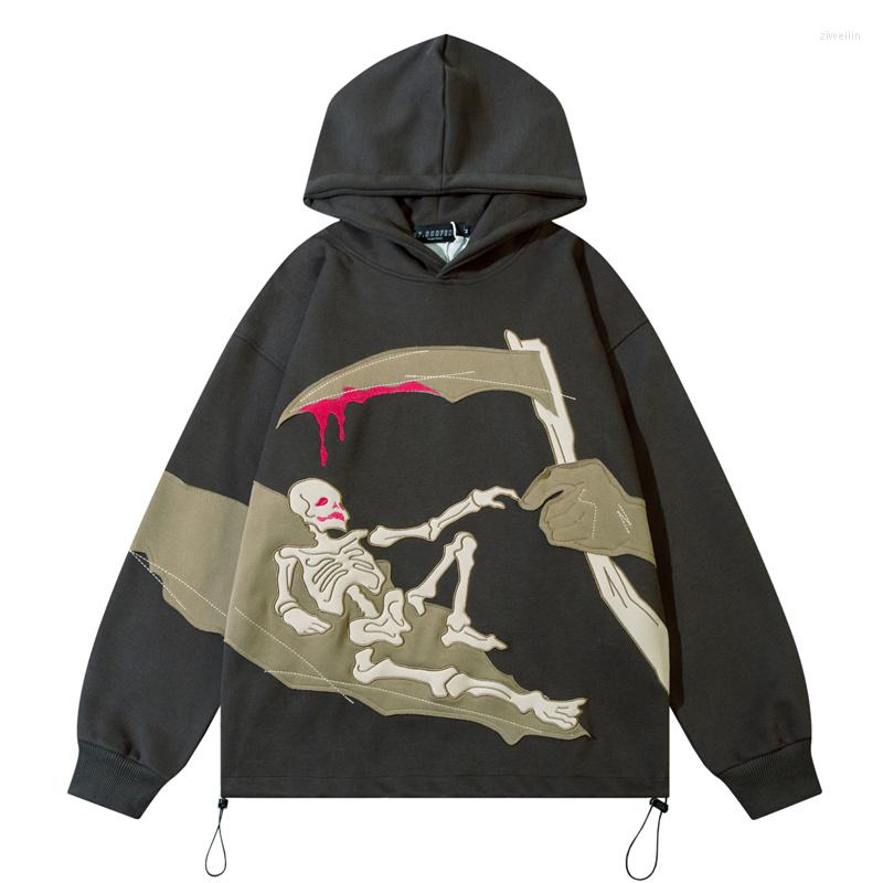 

Men' Hoodies Gothic Skeleton Scythe Embroidery Sweatshirt Vintage Hip Hop Oversized Streetwear Men Fashion Casual Hooded, Gray