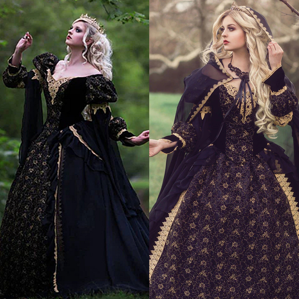 

Gothic Black Wedding Dress With Long Cap Wrap Sleeping Beauty ball Gown Velvet Chiffon Lace Appliques Tiers Ruffle Long Sleeves Masquerade Vintage Fancy Bridal Wear, Green